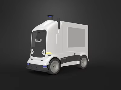 Functional White Vehicle With HELLO Text And Blue Top Light For Urban Delivery 3d model