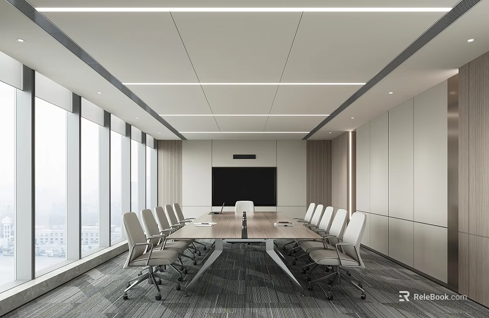 Modern Conference Room With Large Windows Long Meeting Table White Chairs And Ceiling Light Strips 3d model 