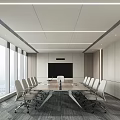 Modern Conference Room With Large Windows Long Meeting Table White Chairs And Ceiling Light Strips