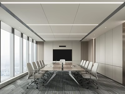 Modern Conference Room With Large Windows Long Meeting Table White Chairs And Ceiling Light Strips 3d model