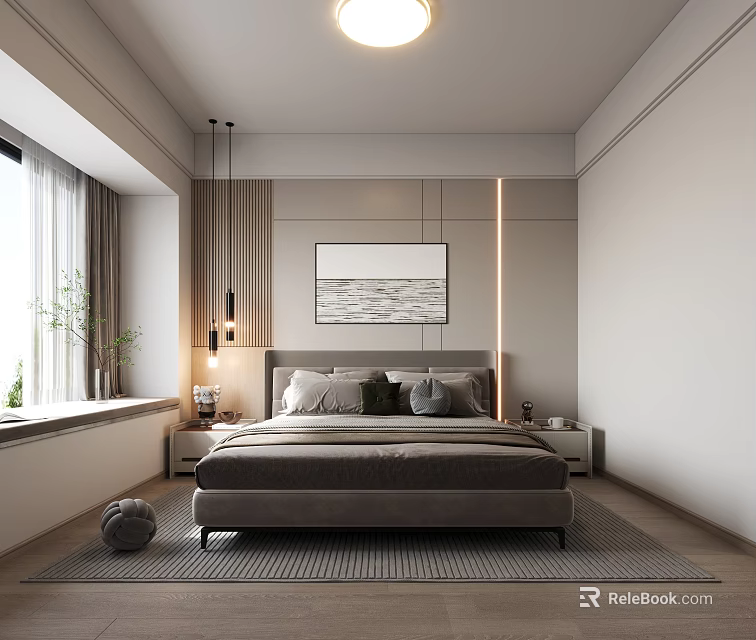 Modern Bedroom Interior Design With Gray Bed Pillows Accent Wall Curtains And Plants 3d model 