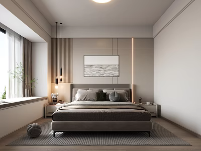 Modern Bedroom Interior Design With Gray Bed Pillows Accent Wall Curtains And Plants 3d model