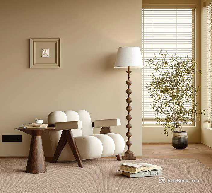 Cozy Accent Chair With Beige Wall Window Blinds Floor Lamp Side Table Green Plant Rug 3d model 