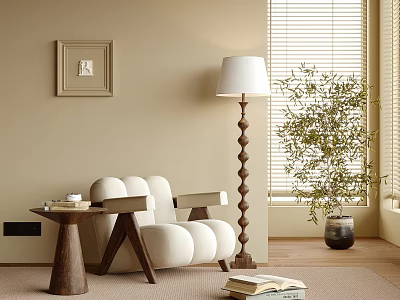 Cozy Accent Chair With Beige Wall Window Blinds Floor Lamp Side Table Green Plant Rug 3d model