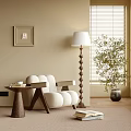 Cozy Accent Chair With Beige Wall Window Blinds Floor Lamp Side Table Green Plant Rug