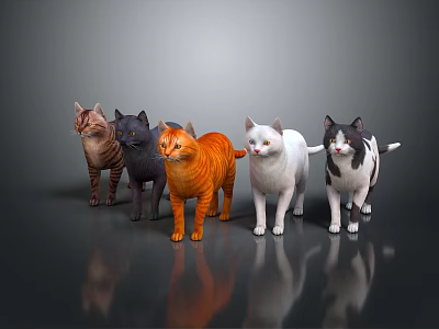 Orange White Black Gray and Brown Cats Standing on Dark Reflective Surface 3d model