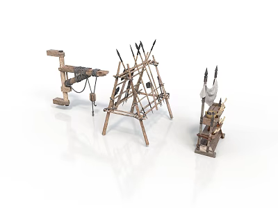 Ancient Military Warfare Equipment Three Different Wooden Structures With Metal Spikes 3d model