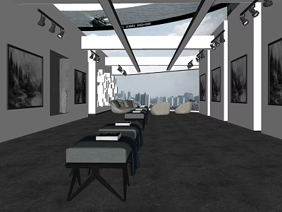 Modern Exhibition Hall Interior With Benches Artworks Lighting And City View Background 3d model