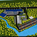 Industrial Factory Layout With Blue Roof Buildings Green Trees Roads And Orange Cranes