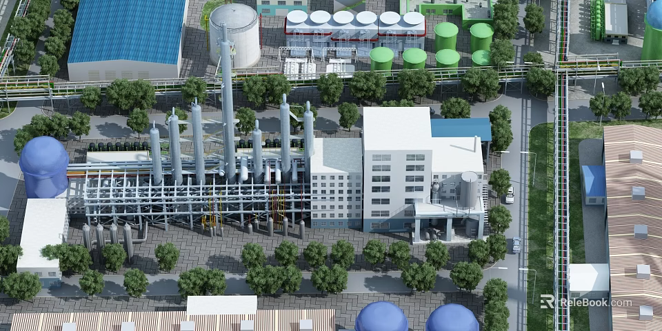 Industrial Plant Aerial View With Tall Chimneys Storage Tanks Piping Structures And Greenery 3d model 