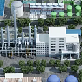 Industrial Plant Aerial View With Tall Chimneys Storage Tanks Piping Structures And Greenery