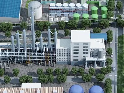 Industrial Plant Aerial View With Tall Chimneys Storage Tanks Piping Structures And Greenery 3d model