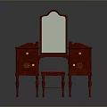 Vintage Red Dressing Table With Rectangular Mirror Drawers And Matching Wooden Stool 3d model