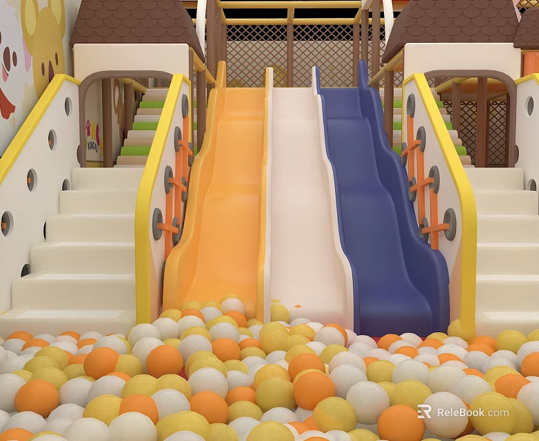 Colorful Children's Playground Slide With Orange White Blue Lanes And Ball Pit 3d model 
