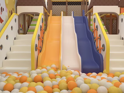 Colorful Children's Playground Slide With Orange White Blue Lanes And Ball Pit 3d model
