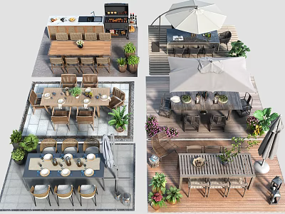 Outdoor Table Set With Chairs Umbrella And Green Plants On Patio Garden 3d model