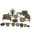 Garden Ornaments With Wooden Windmill Wheelbarrow Woven Baskets And Clay Pots