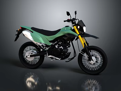 Green Adventure Motorcycle With Black Seat Yellow Forks And Spoked Wheels 3d model