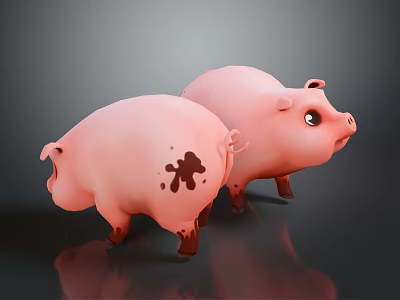 Two Adorable Pink Pig 3D Models With Brown Stain On One And Smooth Texture 3d model