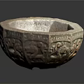 Decorative Carved Hexagonal Stone Bowl With Intricate Patterns And Brown Surface 3d model