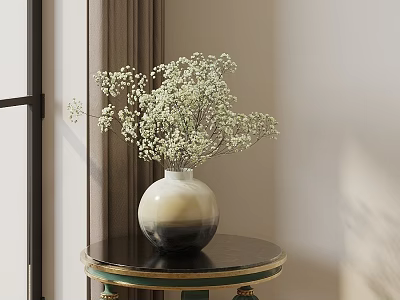 Bonsai Potted Plant With White Small Flowers On Black Round Table Near Window 3d model