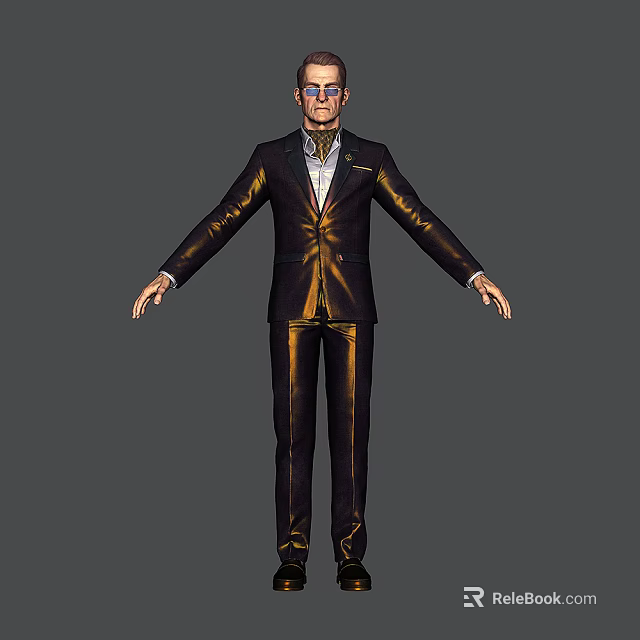 Game And Movie Character In Black Gold Striped Suit Wearing Glasses Standing Pose 3d model 