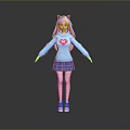 Cute Game Movie Character with Pink Hair Cat Ears Blue Hoodie Pink Heart and Plaid Skirt