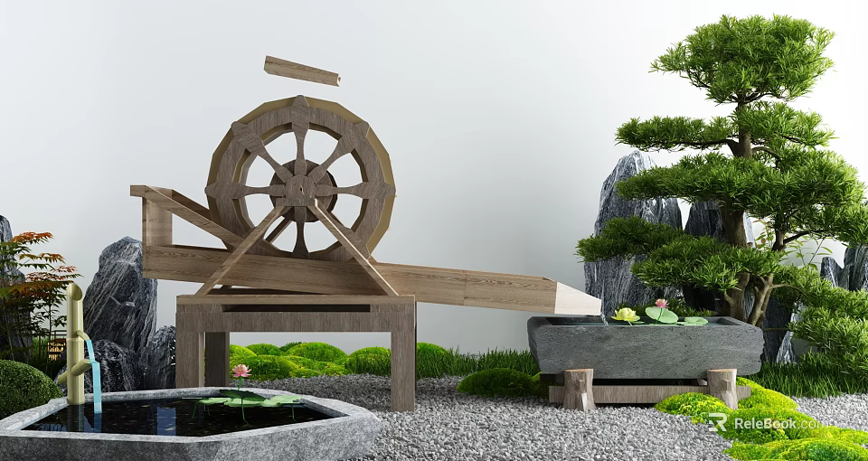 Karesansui Dry Garden With Wooden Water Wheel Bonsai Rocks Pebbles And Moss 3d model 