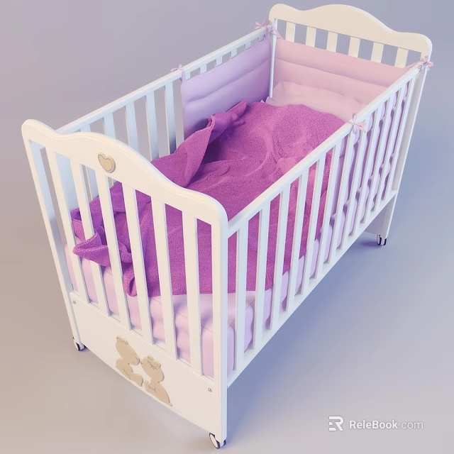 White Baby Crib With Purple Blanket Pink Mattress Heart Shaped Decoration And Bear Pattern 3d model 