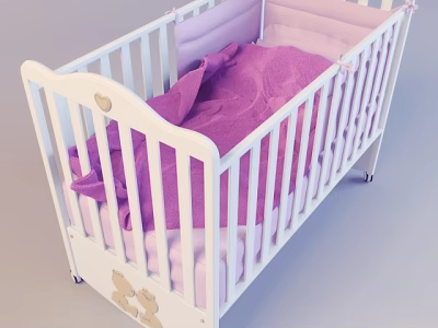White Baby Crib With Purple Blanket Pink Mattress Heart Shaped Decoration And Bear Pattern 3d model