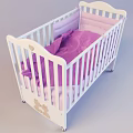 White Baby Crib With Purple Blanket Pink Mattress Heart Shaped Decoration And Bear Pattern