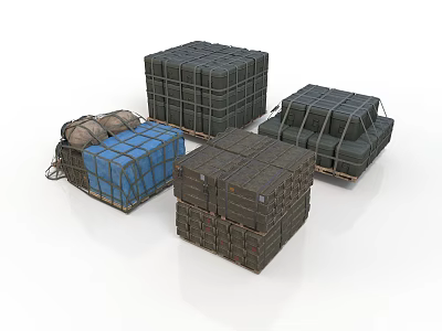 Wooden And Metal Storage Crates In Blue Gray Brown Stacked And Single 3d model