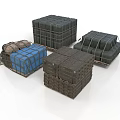 Wooden And Metal Storage Crates In Blue Gray Brown Stacked And Single