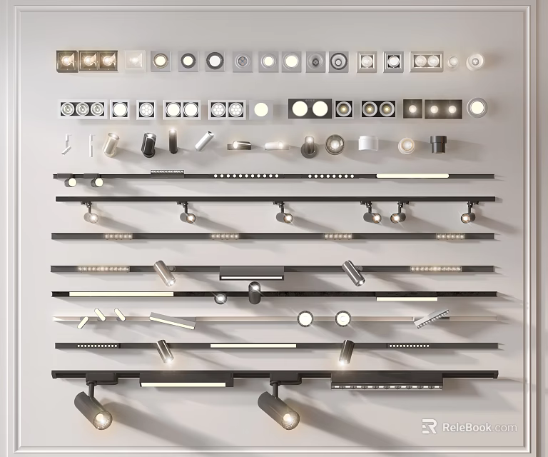 Various Modern Lighting Fixture Combinations With Spotlights Strip Lights And Round Designs On Wall 3d model 