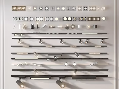 Various Modern Lighting Fixture Combinations With Spotlights Strip Lights And Round Designs On Wall 3d model