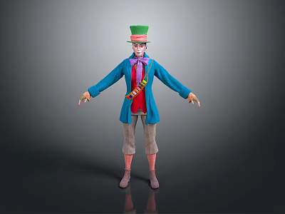 Colorful Clown Character Wearing Green Hat Blue Coat with Playful Animal Companion and Colorful Prop 3d model