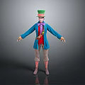 Colorful Clown Character Wearing Green Hat Blue Coat with Playful Animal Companion and Colorful Prop