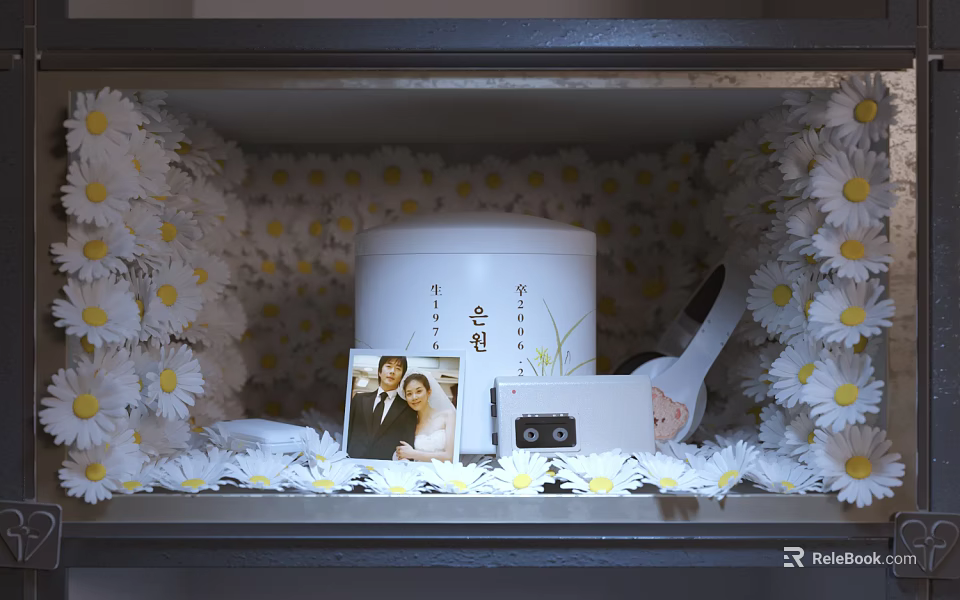 Daily Living Items Arrangement With White Container White Daisies Wedding Photo And Camera 3d model 
