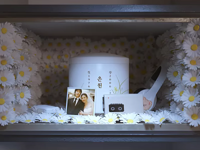 Daily Living Items Arrangement With White Container White Daisies Wedding Photo And Camera 3d model