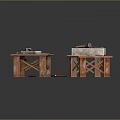 Rustic Wooden Workbench Furniture With Carpentry Tools And Stone Floor Tiles