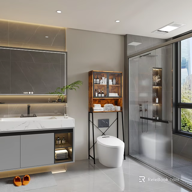 Modern Bathroom Interior with Large Mirror Marble Countertop Wooden Shelf And Glass Shower 3d model 