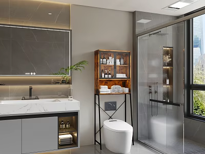 Modern Bathroom Interior with Large Mirror Marble Countertop Wooden Shelf And Glass Shower 3d model