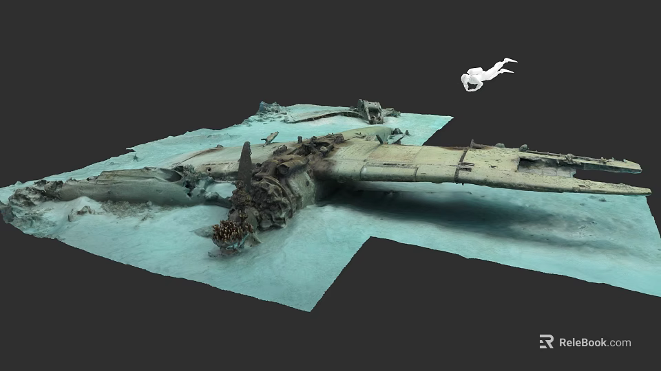 Rusty Underwater Warship Wreck Remains On Ocean Floor With Scattered Debris 3d model 
