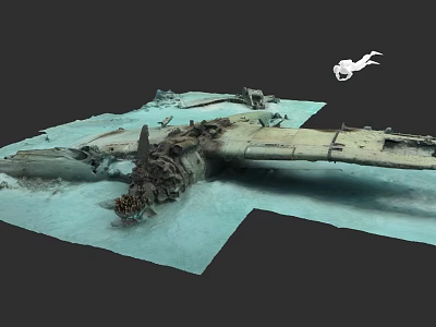 Rusty Underwater Warship Wreck Remains On Ocean Floor With Scattered Debris 3d model