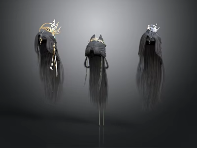 Three Elegant Long Black Hairpieces With Decorative Ornaments For Daily Use 3d model