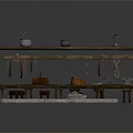 Rustic Wooden Furniture Set With Shelves Benches Baskets Lanterns And Vintage Tools