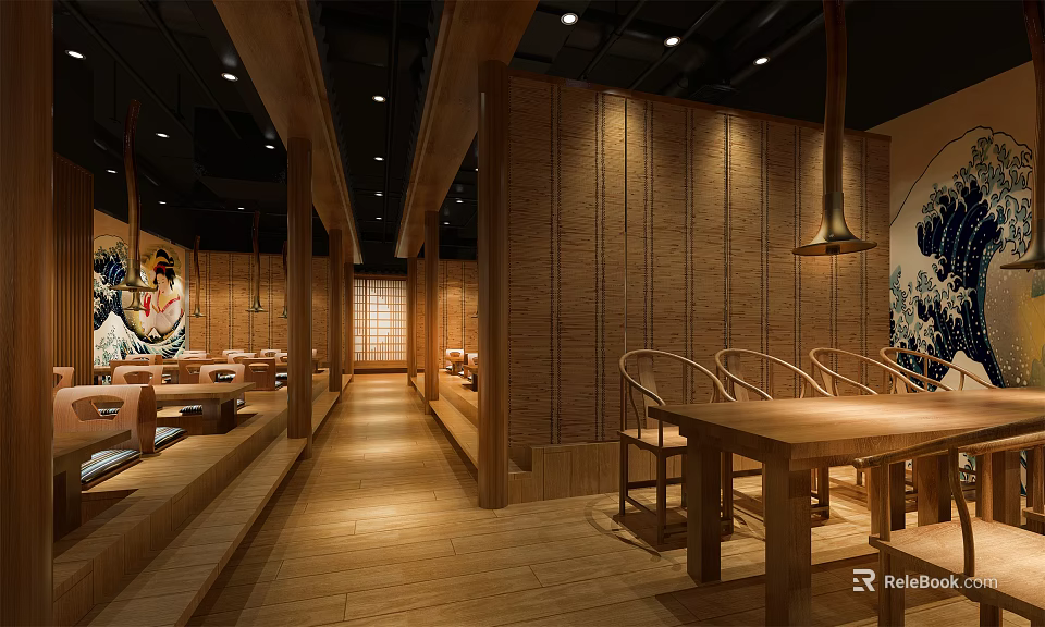 Traditional Asian Restaurant Interior With Wooden Decor Bamboo Walls Tatami Seats And Pendant Lights 3d model 