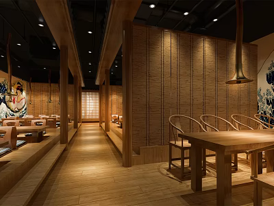 Traditional Asian Restaurant Interior With Wooden Decor Bamboo Walls Tatami Seats And Pendant Lights 3d model
