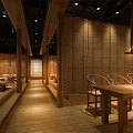 Traditional Asian Restaurant Interior With Wooden Decor Bamboo Walls Tatami Seats And Pendant Lights