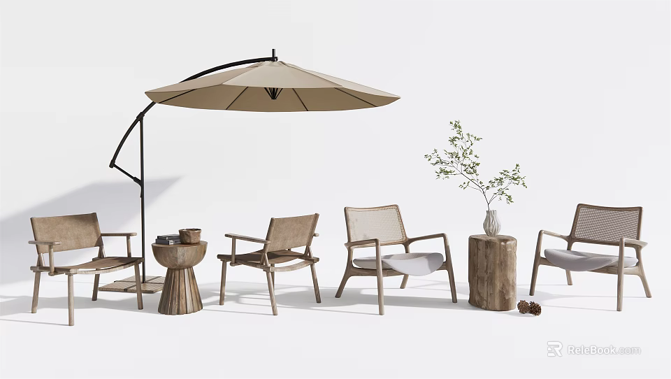 Stylish Outdoor Chairs With Rattan Design And Wooden Frame Including Umbrella Side Table And Plants 3d model 